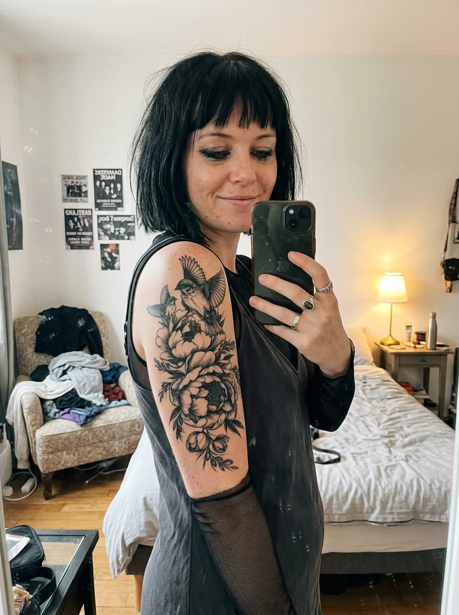 A soft-goth woman wearing the Bird Blossom temporary tattoo on her upper arm in a casual bedroom mirror selfie