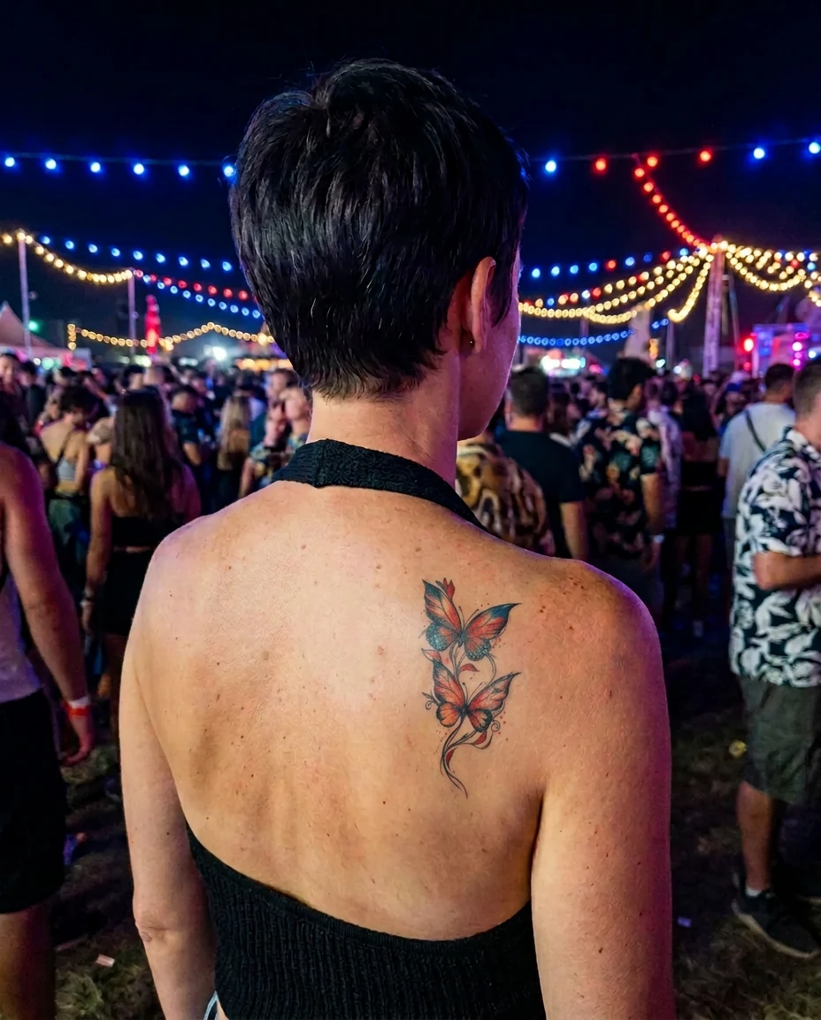 A woman wearing the Butterfly Bloom temporary tattoo on her back shoulder at an outdoor night festival