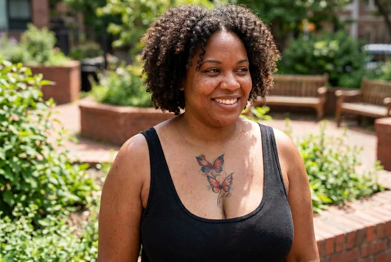 A woman wearing the Butterfly Bloom temporary tattoo across her chest outdoors in daylight