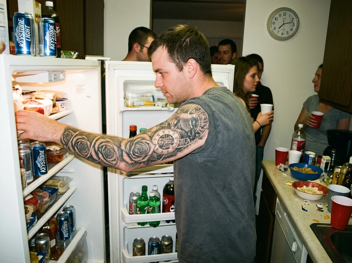 A man wearing the Clockwork Rose temporary tattoo as a full arm sleeve in a candid disposable-camera party photograph