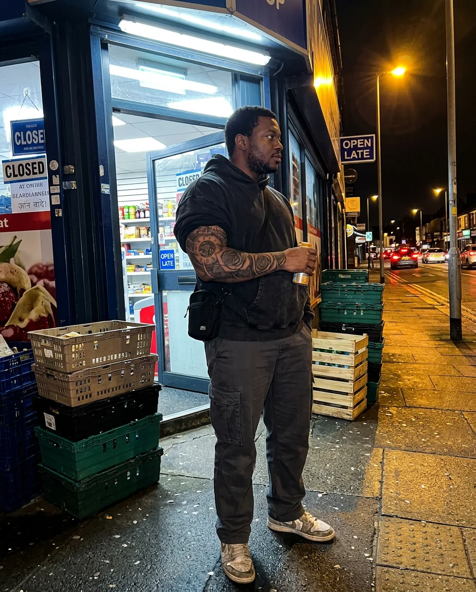 A man wearing the Clockwork Rose temporary tattoo as an arm sleeve in a candid streetwear photograph outside a corner shop