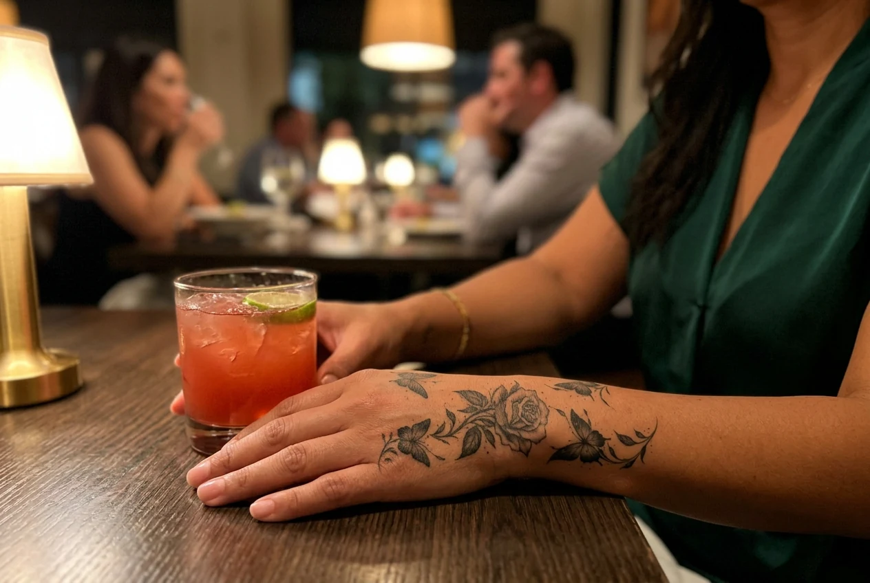 A woman wearing Rose Noir temporary tattoo elements across her hand and wrist at a restaurant