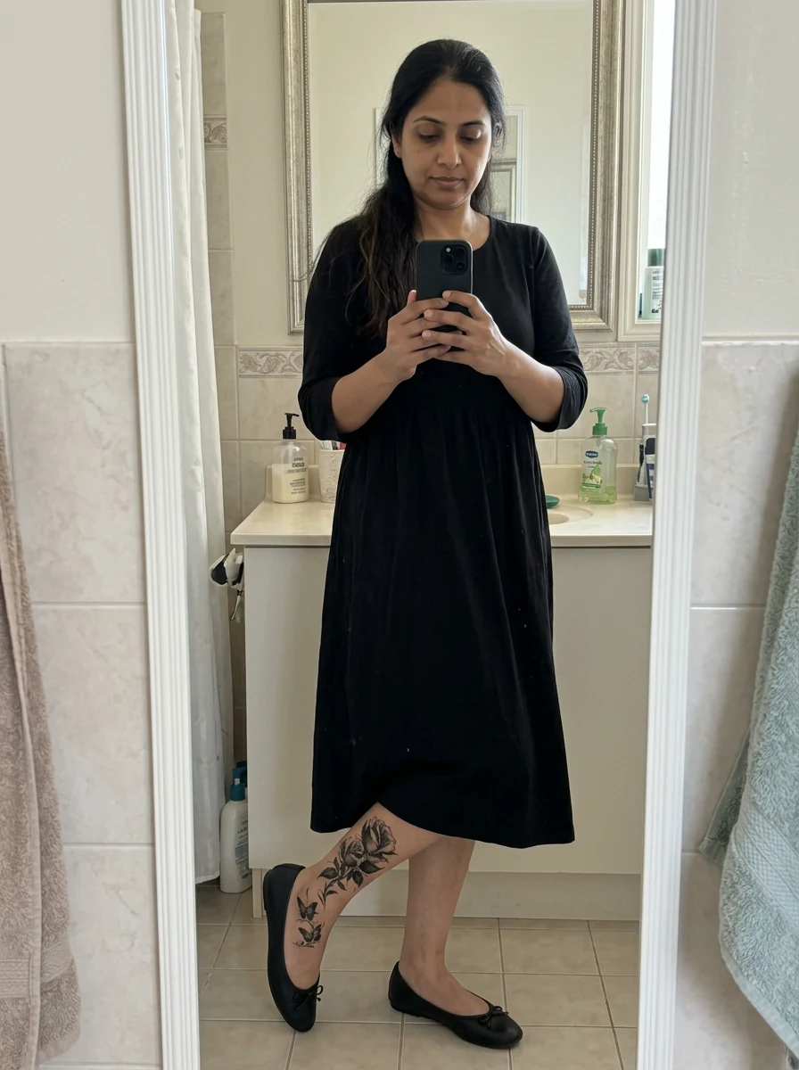 A woman wearing the Rose Noir temporary tattoo around her ankle in a casual bathroom mirror photograph