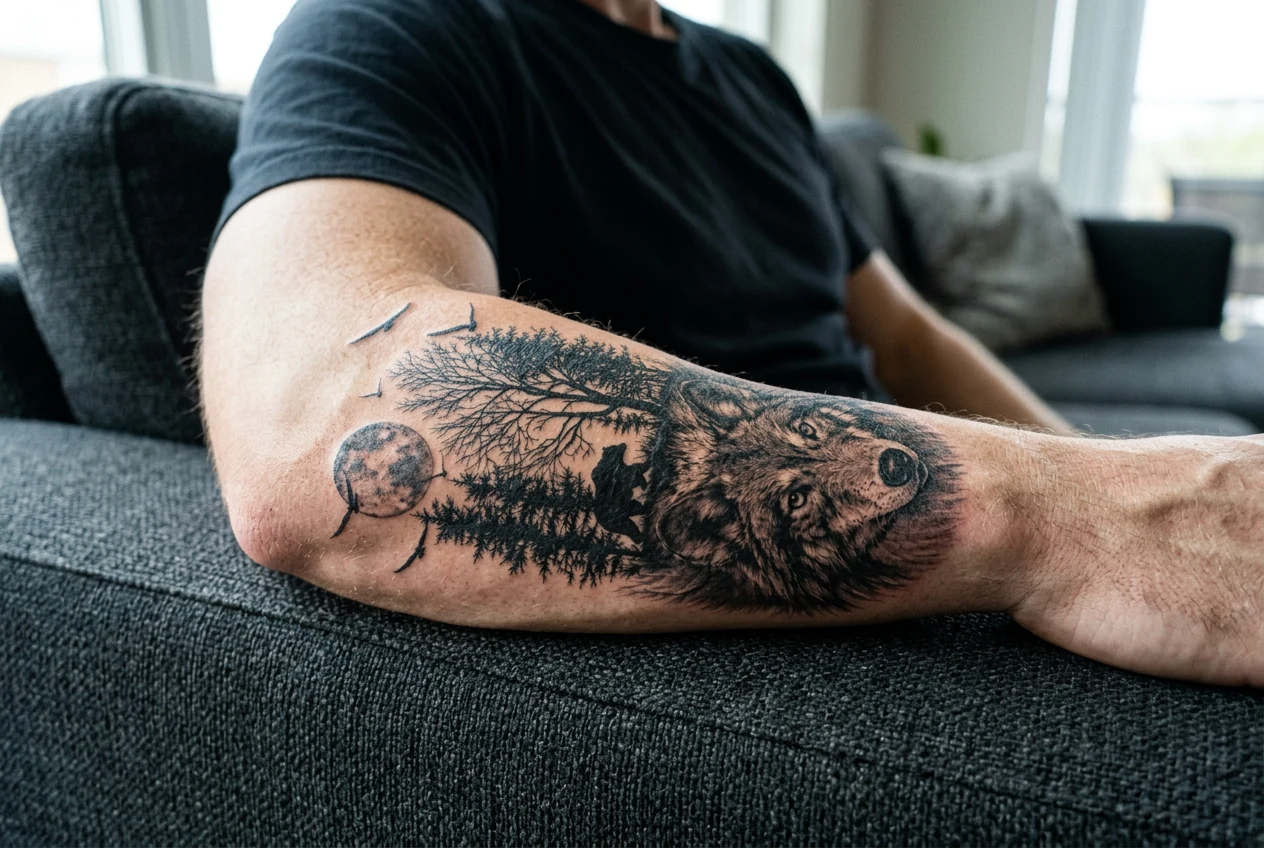Close phone photograph of a man wearing the Wolfmoon temporary tattoo on his forearm