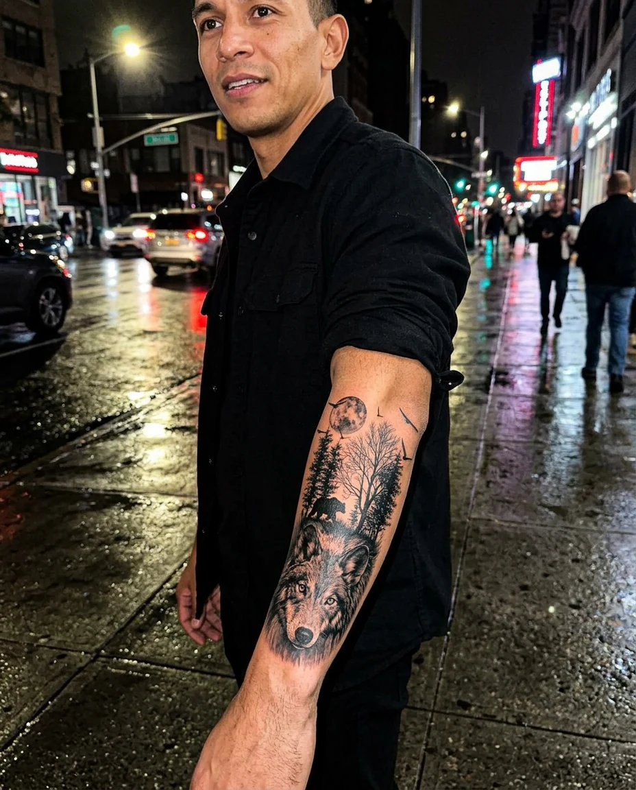 A man wearing the Wolfmoon temporary tattoo on his forearm during a night out in the city
